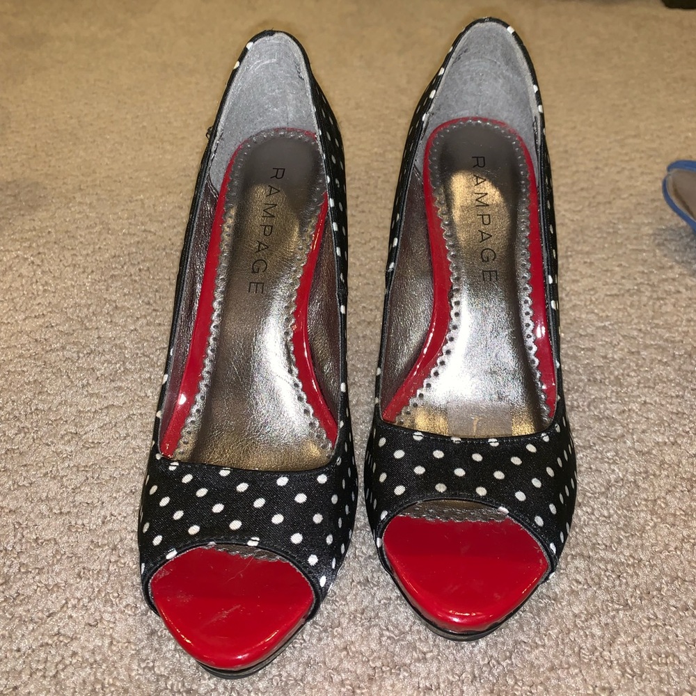 Black and white polka dotted open toe heels